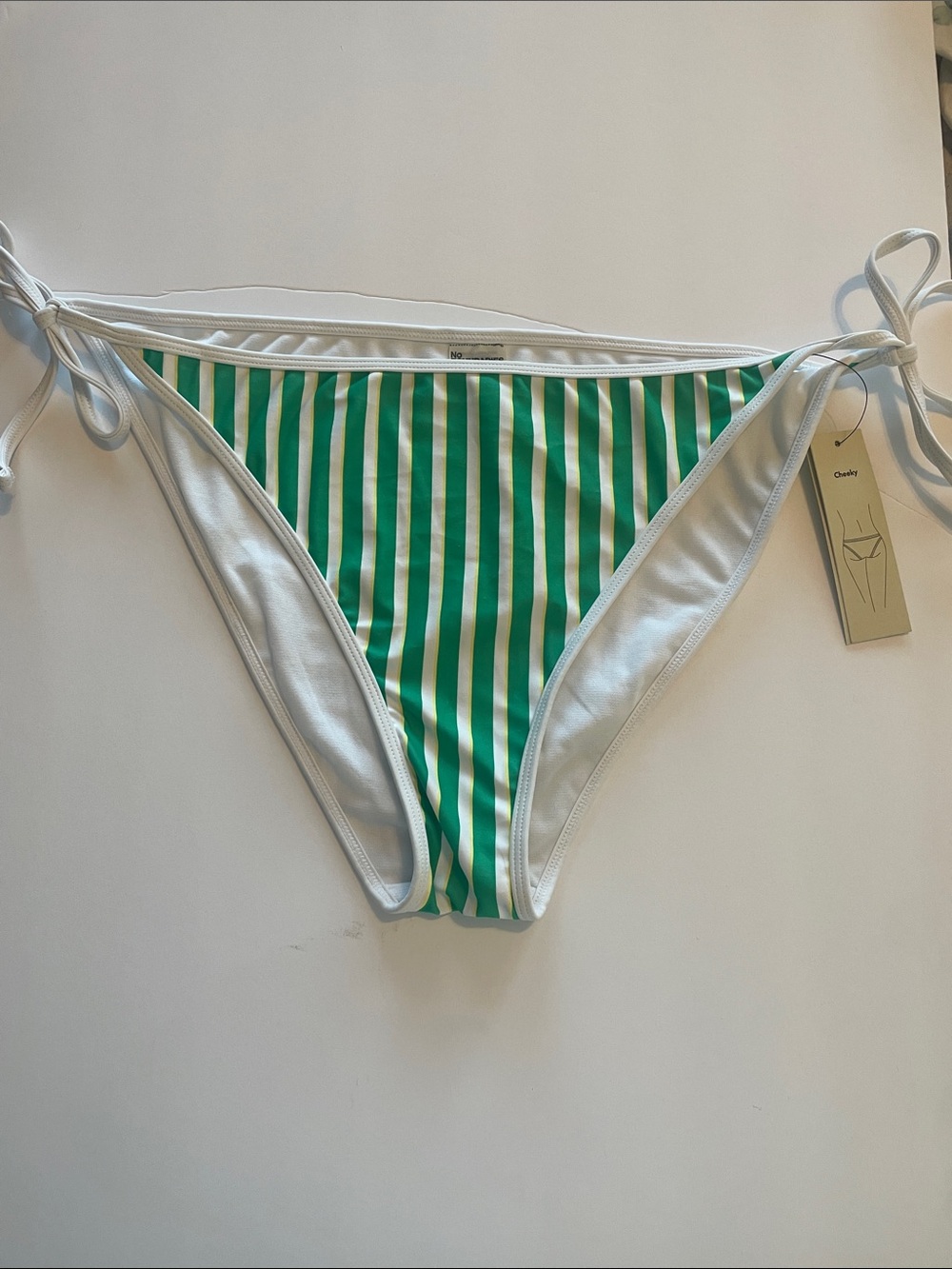 No Boundaries Green, White and Yellow Striped Tie-Side Bikini Bottoms XXL (20)